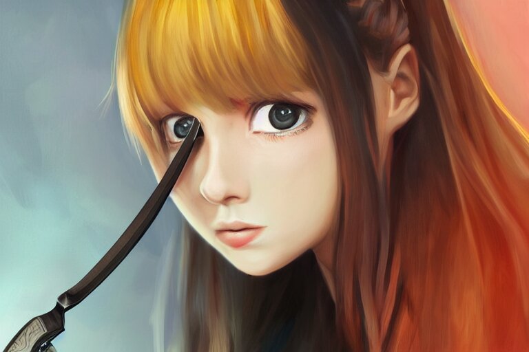 Cute Girl Holding Butterfly Knife - Portrait, Digital Art, Realism, 8K, Anime. add a green leaf behind her