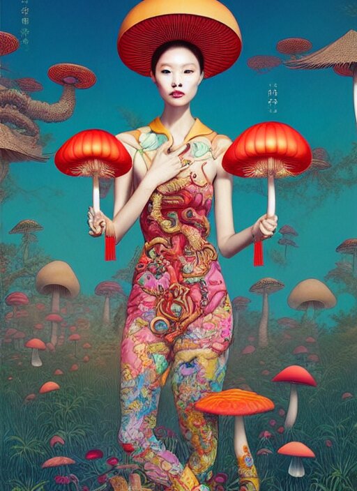 pretty chinese model with hallucination mushroom : : by martine johanna and simon stalenhag and chie yoshii and casey weldon and wlop : : ornate, dynamic, particulate, rich colors, intricate, elegant, highly detailed, centered, vogue, harper's bazaar art, fashion magazine, smooth, sharp focus, octane render, 8 k 