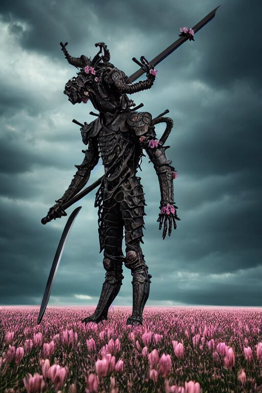 hyperrealistic neo - gothic giant human gargoyle hybrid, exoskeleton armor, holding katana, field of pink flowers, highly detailed digital art masterpiece, vitaly bulgarov dramatic dark teal light, ground angle hd 8 k, sharp focus 