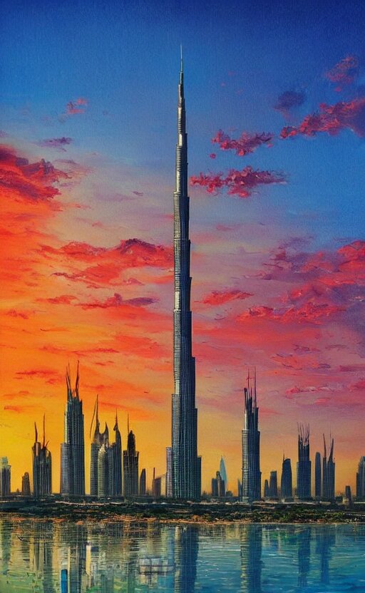 an amazing beautiful detailed painting of the burj khalifa with a sunset over a cityscape. the colors are very vibrant and the view is stunning. vibrant colors, very funny, personal, positive, visually pleasing, engaging and contains humans. high resolution. high quality. hq hd. trending on artstation.