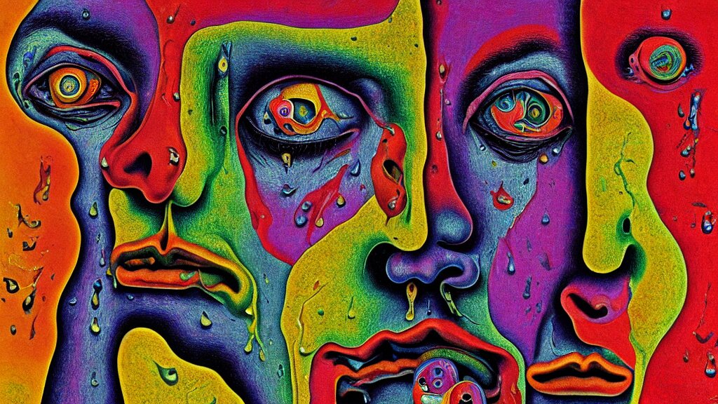 A psychedelic LSD weeping man screams in agony, closeup on face, extreme facial symmetry raindrops of rainbow paint |, afterlife, souls in joy and agony | abstract oil painting, gouche on paper by MC Escher and Salvador Dali | Black Circle: A psychedelic LSD weeping man screams in agony, closeup on face, extreme facial symmetry raindrops of rainbow paint |, afterlife. add a black circle to the eye