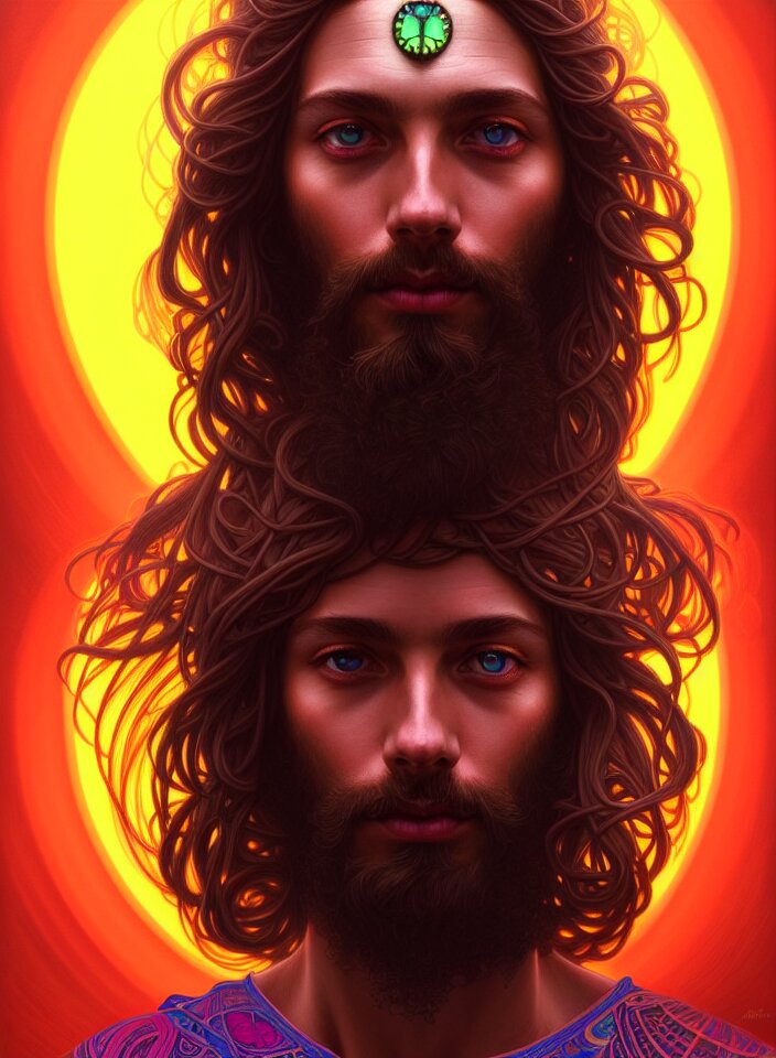 Symmetry!! portrait of a hippie man, boho outfit, neon glowing eyes!! ambient, intricate, elegant, highly detailed, digital painting, artstation, symmetric concept art, smooth, sharp focus, illustration, art by artgerm and greg rutkowski and alphonse mucha, 8 k. make it symmetrical