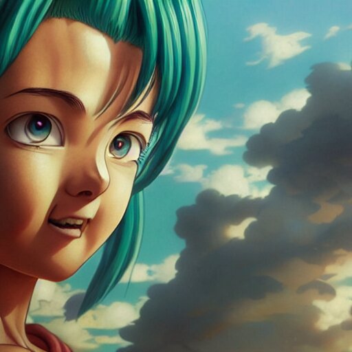 Highly detailed vfx portrait of bulma by eiichiro oda!, stephen bliss, greg rutkowski, loish, rhads, beeple, makoto shinkai, tom bagshaw, alphonse mucha, sharp focus, art by artgerm and greg rutkowski, stanley kubrick, backlit, harsh overhead sunlight