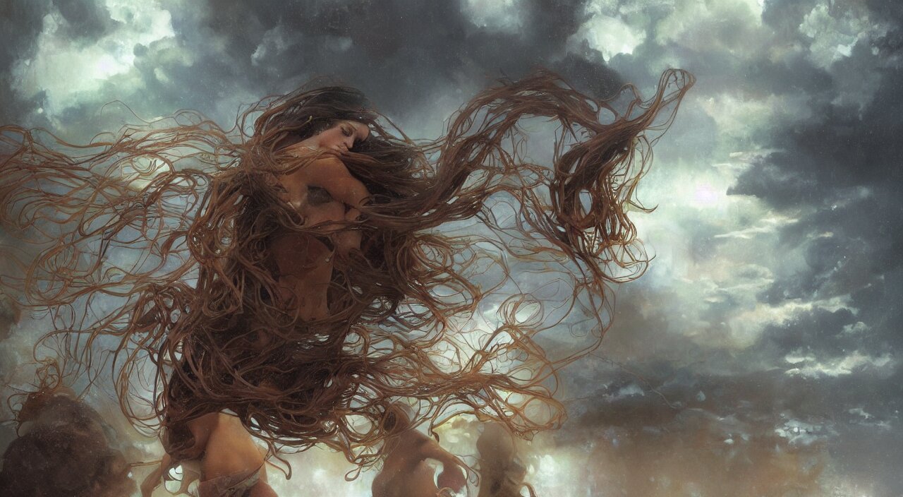 3 0 perfect woman bodies flying inside spaghetti bolognesa with meatballs and hundred rusted perfect woman bodies flying in stormy clouds by by jeremy mann and alphonse mucha, post-apocalyptic themed painting, artstation, poster, volumetric lighting, very detailed faces, 4 k, award winning, hyper - realism. Turn it into a post-apocalyptic themed painting.