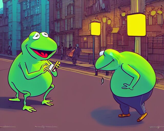 a study of cell shaded cartoon of an obese kermit smoking a cigarette on a city street, street lamps, road, illustration, wide shot, subtle colors, post grunge, concept art by josan gonzales and wlop, by james jean, Victo ngai, David Rubín, Mike Mignola, Laurie Greasley, highly detailed, sharp focus, Trending on Artstation, HQ, deviantart, art by artgem