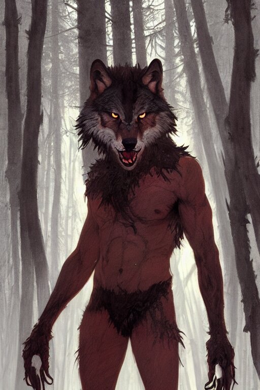 Make the werewolf's eyes redder, make the fur on his chest more hairy, and make his claws sharper.