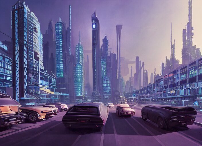 5 cars driving down a street in the city of Eindhoven next to tall buildings the night at 8:00 am, cyberpunk art by Chesley Bonestell, cgsociety, retrofuturism, matte painting, reimagined by industrial light and magic