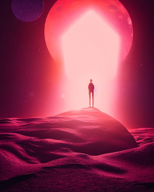 a person standing in front of a glowy open door that's on a barren moon, poster art by mike winkelmann, trending on cg society, space art, sci - fi, ue 5, futuristic, volumetric lighting 