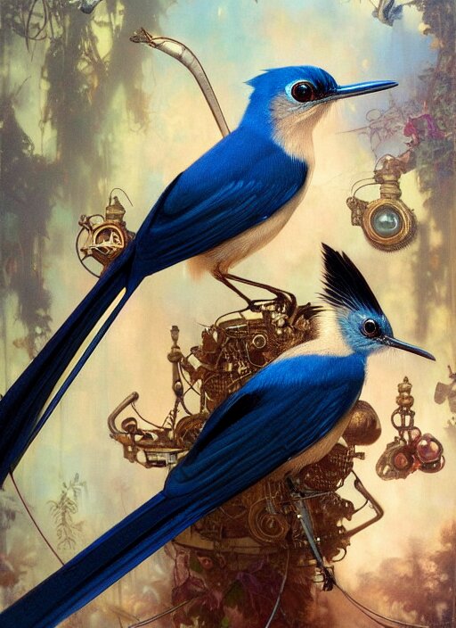 A cyberpunk paradise flycatcher, denoised and with refined details, in a magical world of gems and jewels, by Tom Bagshaw, with Gaston Bussiere, Craig Mullins, and J.C. Leyendecker. Leave the gems and gold behind, and imagine a more cyberpunk world.