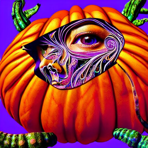 an extremely psychedelic portrait of a pumpkin, surreal, lsd, face, detailed, intricate, elegant, lithe, highly detailed, digital painting, artstation, concept art, smooth, sharp focus, illustration, with translucent skin, visible muscles and veins and arteries and bones and spines and nerves, beautiful detailed intricate insanely detailed octane render, 8 k artistic photography, photorealistic, chiaroscuro 