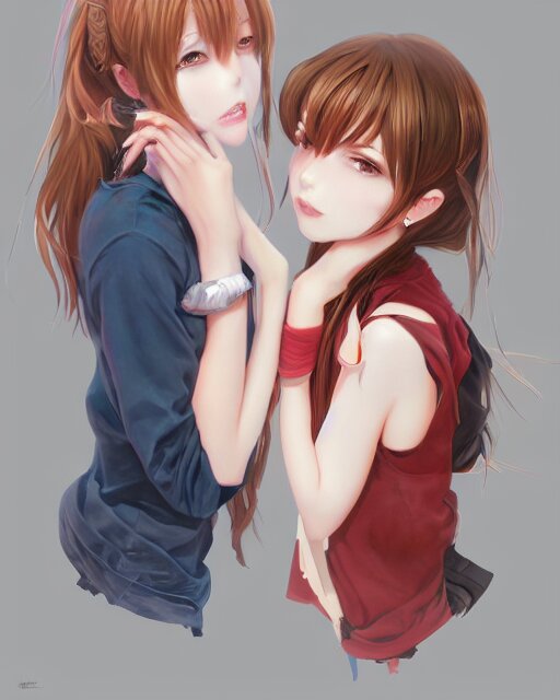 two anime girls kissing, drawn by WLOP, trending on Artstation. add some color