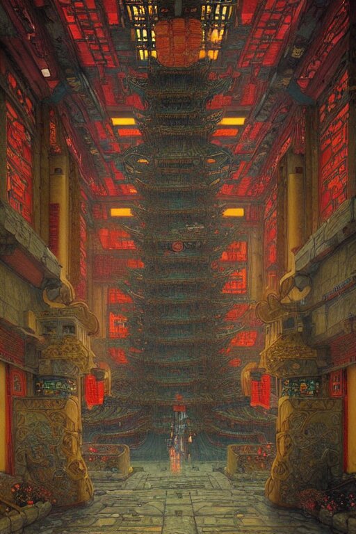 cyberpunk chinese ancient castle, fantasy, painting by Gustav Klimt, greg rutkowski and alphonse mucha