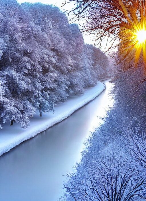 Snow falling on river