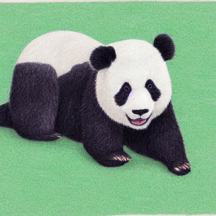 isometric color pencil of a panda, I'm the style of spirited away with a black pen. outline the colors with a black pen to create a more retro looking panda