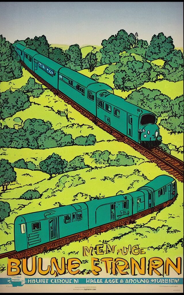 blue and green train in the country, vintage poster, herge style,