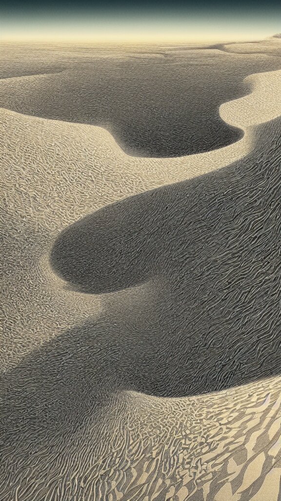 highly detailed illustration of a place where sand dunes and the ocean meet at night by nico delort, moebius, oliver vernon, joseph moncada, damon soule, manabu ikeda, 4 k resolution