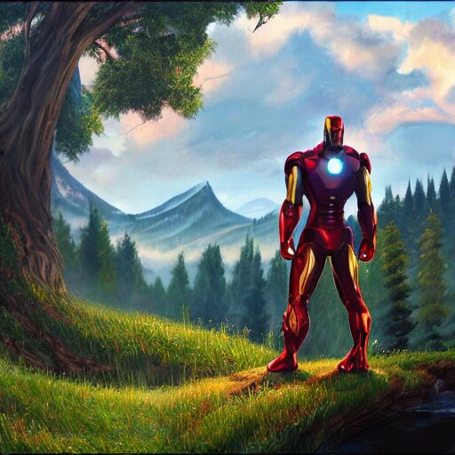 a closeup photorealistic photograph of bob ross diligently completing a canvas painting of iron man. mountains and sand. film still. brightly lit scene. this 4 k hd image is trending on artstation, featured on behance, well - rendered, extra crisp, features intricate detail, epic composition and the style of unreal engine. change the background to a bleak desert landscape