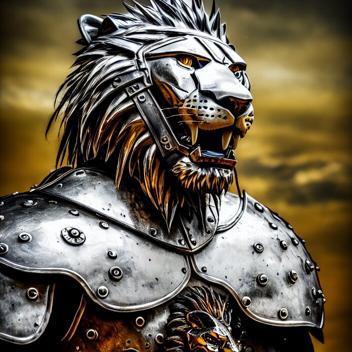 Award - Winning Photo of a King with Metal Lion Styled Armour. replace the warrior's armour with a king's