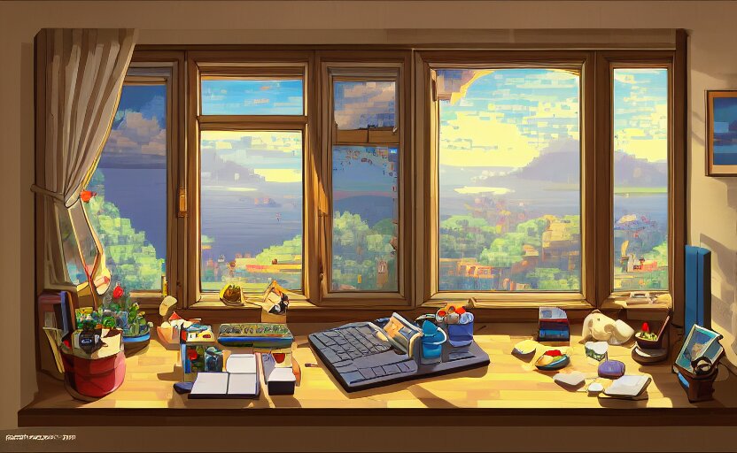 Character sitting and relaxing in front of their work desk in their cozy room as a peaceful scene is seen through the room's window. Smooth Highly detailed masterpiece pixel-art.  in the style of Close Highly detailed masterpiece professional artistry Sega, Namco, Neogeo, Capcom artist's Pixel-art. Trending on artstation. Slice-of-life genre art. Balanced colors and lighting scheme by James Gurney and artgerm. In the style of a 'Music to chill/study' to youtube video.