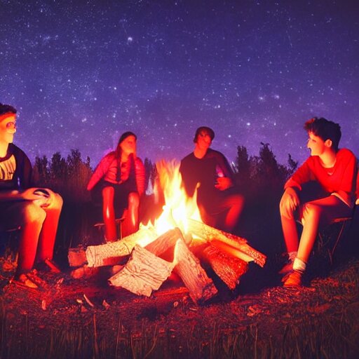 Group of teenagers sitting around a campfire while the fire's flames change colors but the wood remains hot. fire is changing colors but still remains hot