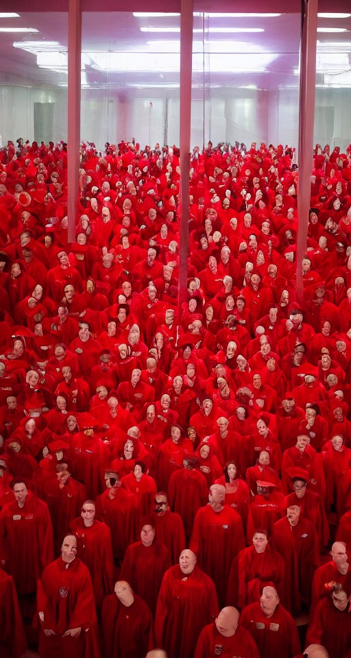 closeup of worshippers in red robes holding a very complex gigantic reflective glowing glass crystal tesseract orb violently illuminating a small glass room with glass windows, very bright white light, small room!!!!!!!!!, glass room, glass, enlightening!, closeup!!!!!!!!!, very harsh lighting!!!!, high detailed beksinski painting, part by adrian ghenie and gerhard richter. masterpiece, bright white