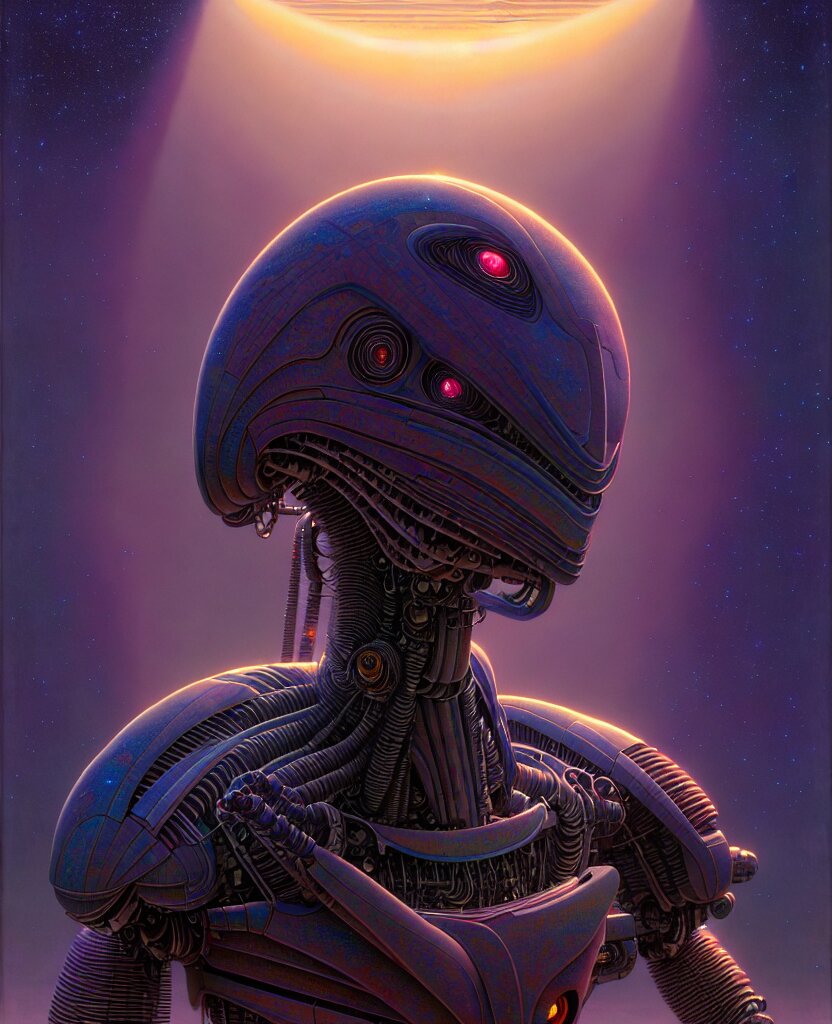 humanoid robot, symmetry, faded colors, exotic alien features, alien background, tim hildebrandt, wayne barlowe, bruce pennington, donato giancola, larry elmore, masterpiece, trending on artstation, featured on pixiv, cinematic composition, beautiful lighting, sharp, details, hyper detailed, 8k, unreal engine 5. make it a painting of a futuristic cityscape.