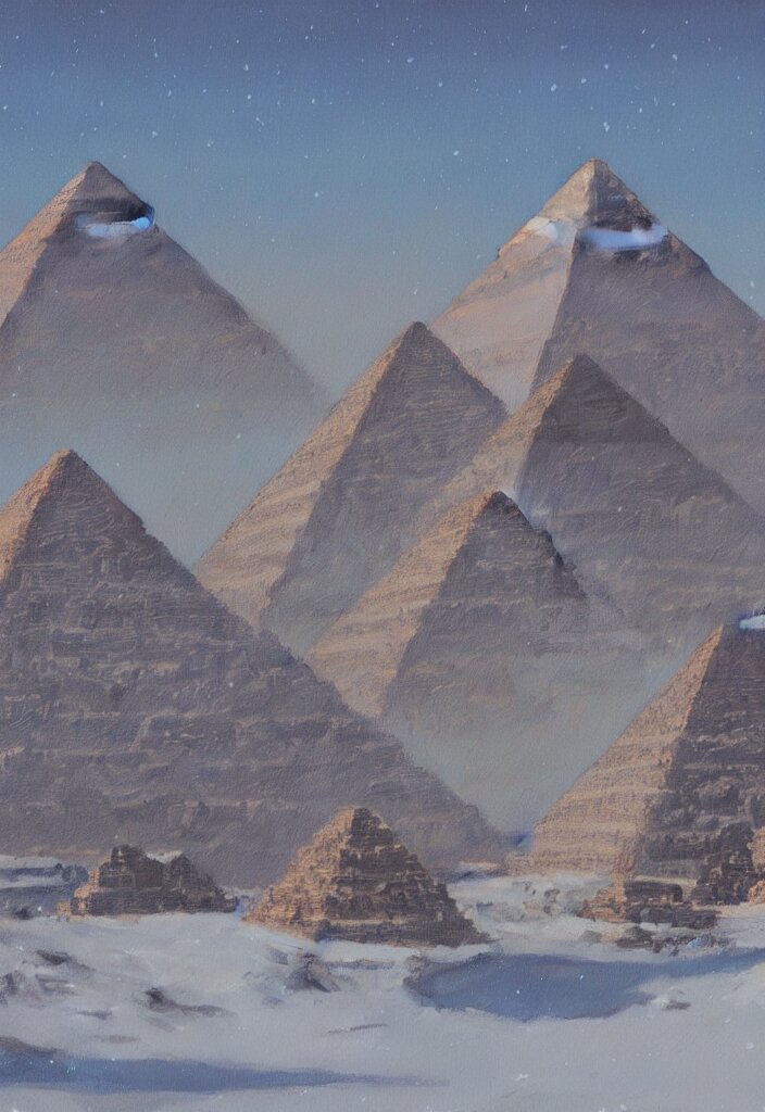 the pyramids of egypt covered in snow, oil on canvas, fantasy, trending on artstation, digital art.