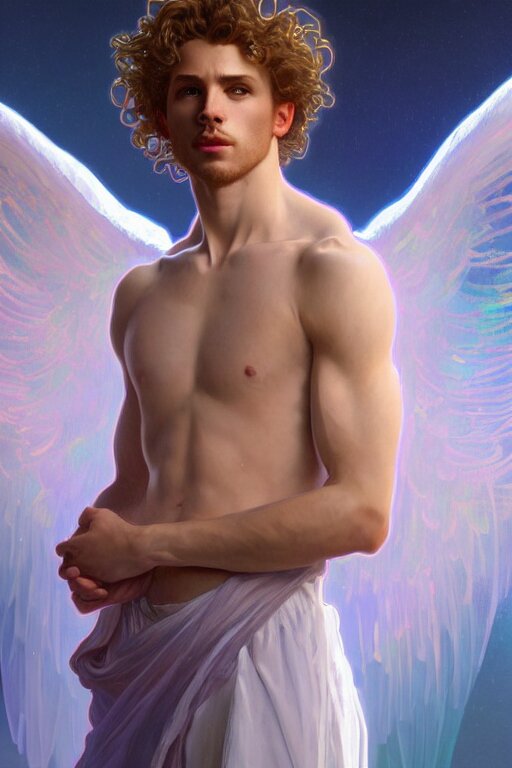 portrait of a beautiful young fit male angel with curly blond hairs, dressed with fluent clothes, luminous scene, by Greg Rutkowski and alphonse mucha, d&d character, gradient white to cyan, in front of an iridescent background, highly detailed portrait,
digital painting, artstation, concept art, smooth, sharp focus ilustration, Artstation HQ