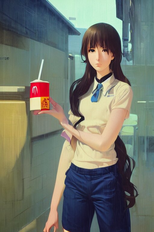 a mcdonald's employee, girl, full shot, intriguing outfit, fine - face, realistic shaded perfect body, fine details. night setting. very anime style. realistic shaded lighting poster by ilya kuvshinov katsuhiro, magali villeneuve, artgerm, jeremy lipkin and michael garmash, rob rey and kentaro miura style, trending on art station