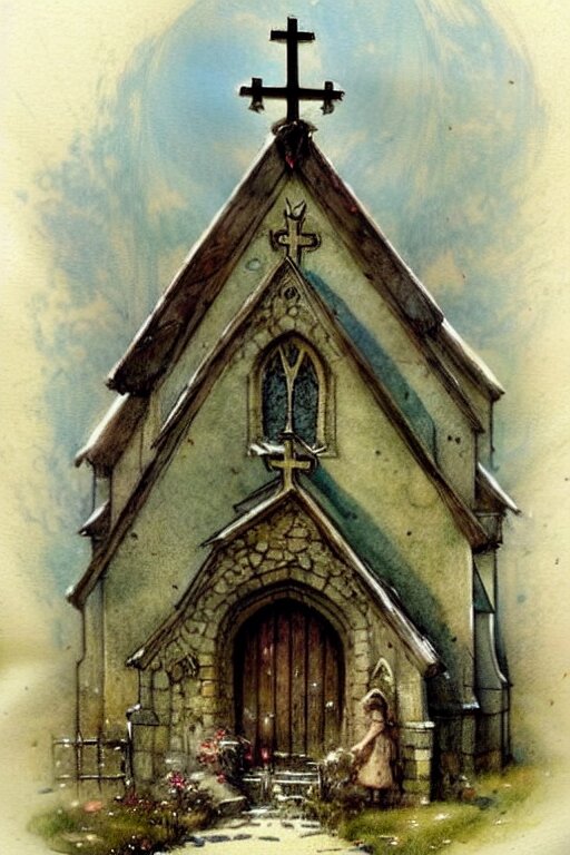 (((1950s fairy tale church . clouds and fairy lights added.))))) by Jean-Baptiste Monge. add some clouds and fairy lights to make it feel more 50s