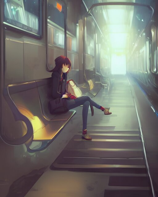 a lonely girl sitting on a subway, full shot, ambient lighting, detailed shading, by Makoto Shinkai, Stanley Artgerm Lau, Wlop, RossDrews. Add a lonely pigeon to the frame