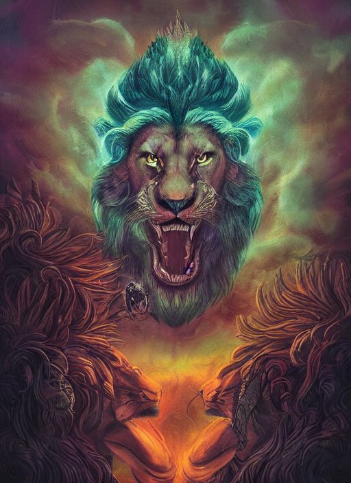 portrait of a mythological beast with lion face and bird wings in the middle of a lush forest at night. diffuse neon light, dramatic landscape, fantasy illustration, matte painting