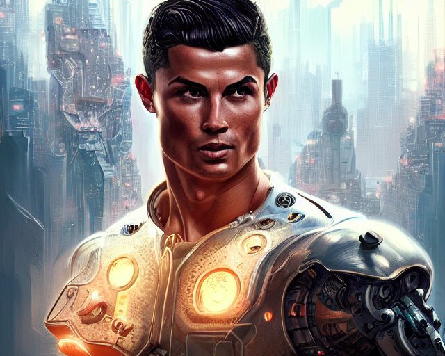 man cristiano ronaldo with cyberpunk implants, lightning storm in the background, deep focus, d & d, fantasy, intricate, elegant, highly detailed, digital painting, artstation, concept art, matte, sharp focus, illustration, hearthstone, art by artgerm and greg rutkowski and alphonse mucha