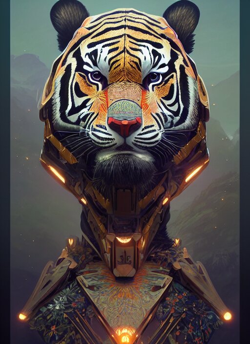 Symmetry! Portrait of a hybrid robot lion, floral! horizon zero dawn machine, intricate, elegant, highly detailed, digital painting, artstation, concept art, smooth, sharp focus, illustration, art by artgerm and greg rutkowski and alphonse mucha, 8k. swap the robot tiger for a lion.