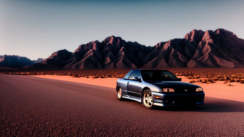 Mad Max Road Warrior, rusted, cobbled together Nissan R34 GTR, screenshot, cinematic Eastman 5384 film