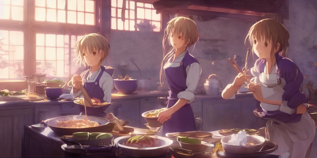 a wholesome animation key shot of light blue evergarden cooking tasty ramen in the kitchen, medium shot, waist up, studio Ghibli, Pixar and Disney animation, sharp, Rendered in Unreal Engine 5, anime key art by Greg Rutkowski, Bloom, dramatic lighting. Replace the violet with a light blue