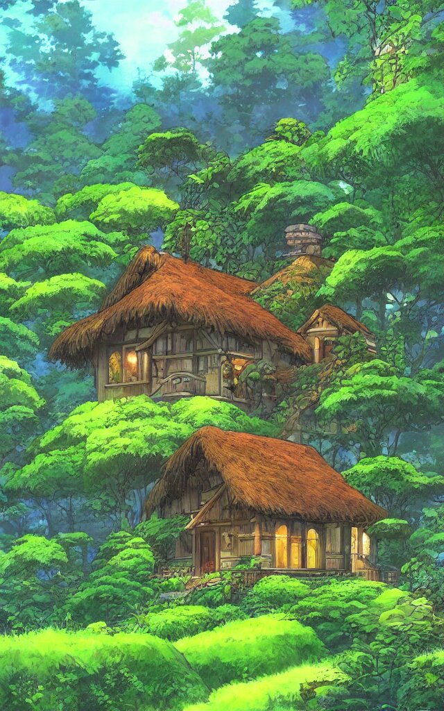 Stunning cottage, solar, lush, forest, beautiful, by Studio Ghibli and Michael Kincade, with simple lighting effect. add a simple lighting effect