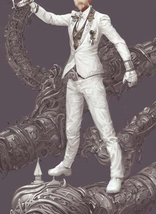 A highly detailed illustration of short ginger haired man wearing white suit, dramatic holding ornate mechanical cane pose, intricate, elegant, highly detailed, centered, digital painting, artstation, concept art, smooth, sharp focus, league of legends concept art, wlop