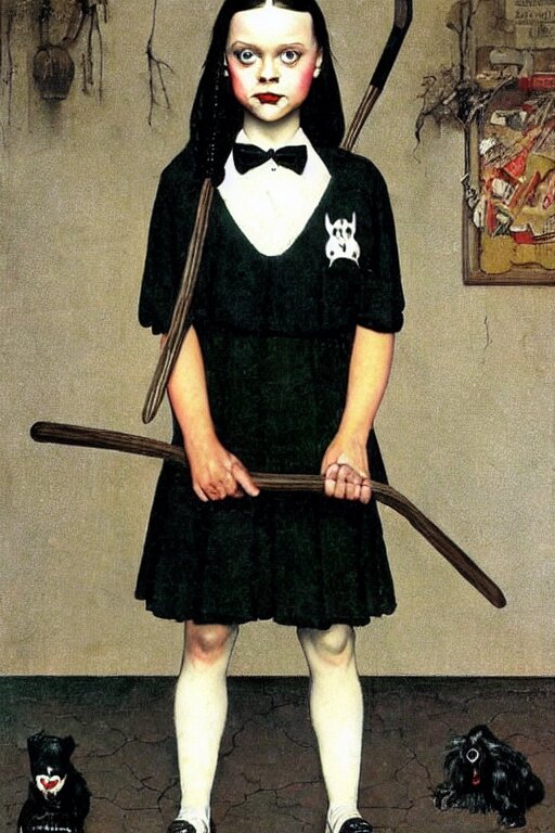 wednesday addams from the Addams family painted by norman rockwell turn into black dragon