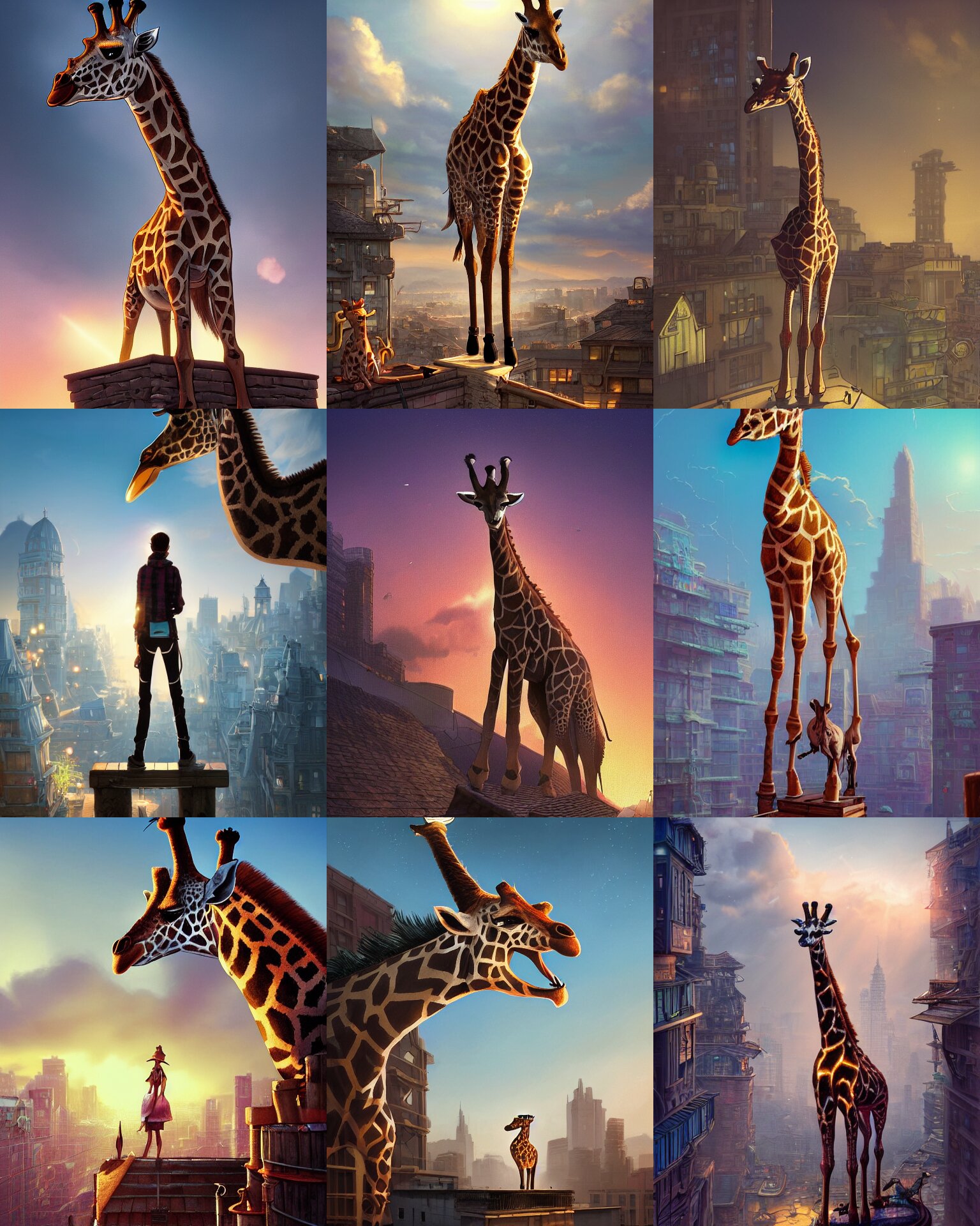 kids fantasy sketch a giraffe standing on a rooftop, fantasy, intricate, epic lighting, cinematic composition, hyper realistic, 8 k resolution, unreal engine 5, by artgerm, tooth wu, dan mumford, beeple, wlop, rossdraws, james jean, marc simonetti, artstation 