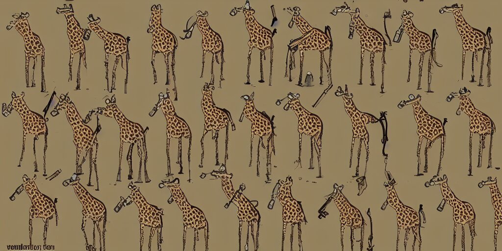giraffe army, holding guns and ammo, illustration, cartoon 