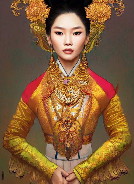 portrait of a thai supermodels wearing traditional costume, highly detailed, digital painting, artstation, concept art, sharp focus, illustration, art by kittichai rueangchaichan and james gurney and alphonse mucha