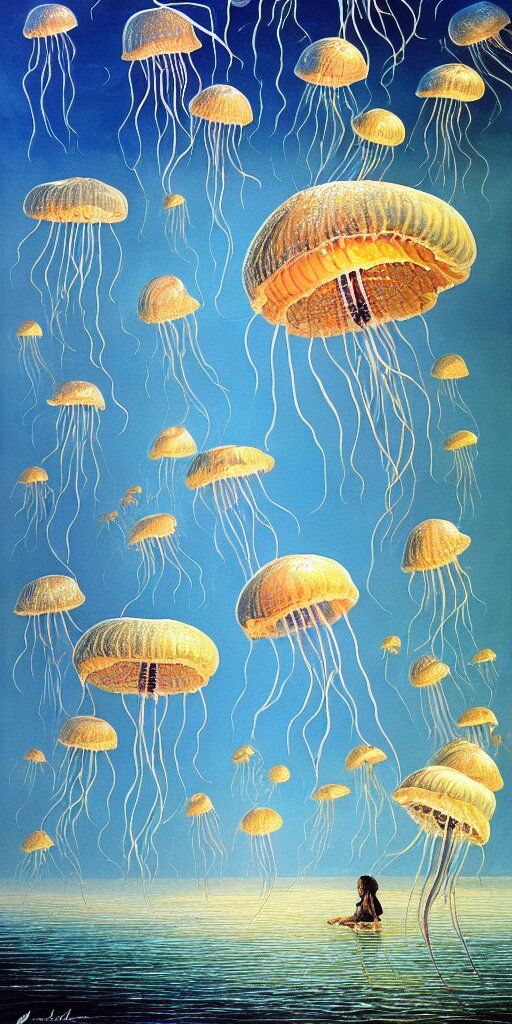 a thousand little  blue jellyfish flying through the sky!!! different realm, cinematic, dark fantasy, acrylic palette knife, high detail, hyper realism, ray tracing, 4 k resolution, 8 k resolution, full hd, neon, realistic painting by junji ito, laurie lipton and michael whelan, salvador dali