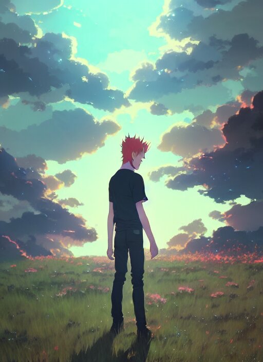 portrait of david bowie, cloudy sky background lush landscape illustration concept art anime key visual trending pixiv fanbox by wlop and greg rutkowski and makoto shinkai and studio ghibli 