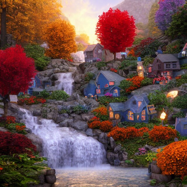 woodstock vermont fantasy street with a waterfall built on a hill, many shops on street, chimneys on buildings, large fall mountain in background with a waterfall, pumpkin people walking, fall foliage, over the garden wall, thomas kinkade, light cinematic, otherworldly, volumetric, realistic, cinematic lighting, ray tracing, unreal engine 5, unreal engine render, octane render, hyper realistic, photo, 8 k