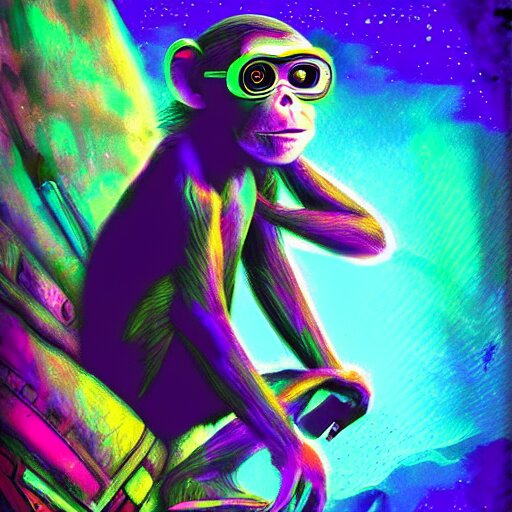 Cyberpunk excited young monkey swims in a tropical fish tank, sparkly, colorful, cyberpunk digital painting. Change to a painting of a digitally colored monkey swimming in a tropical fish tank.