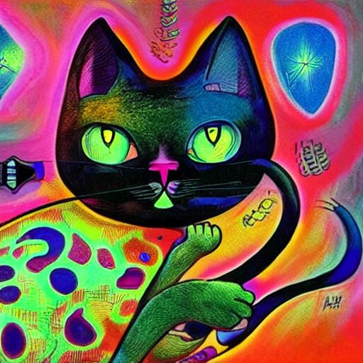 cat merged with a computer monitor, surreal, colorful, artwork by Ralph Bakshi