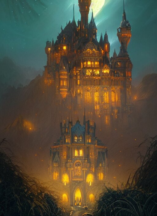 an imposing and highly ornamented fantasy castle with arches and bridges at night with a sky full of stars, cinematic view, epic sky, detailed, concept art, low angle, high detail, warm lighting, volumetric, godrays, vivid, beautiful, trending on artstation, by jordan grimmer, huge scene, grass, art greg rutkowski and alphonse mucha