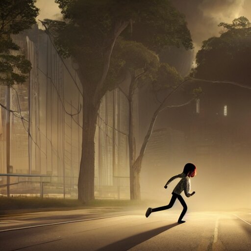 A young girl running away from a slenderman in the middle of an empty overgrown highway in hong kong. This cyberpunk fantasy style image is end of the world, unreal engine render, global illumination, ray tracing, octane render, and rtx. Make it look like a black and white postcard from the Midwest in the 40s