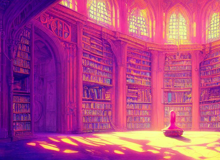 A psychedelic portrait of library of potion, vibrant color scheme, highly detailed, in the style of romanticism, cinematic, artstation, Moebius, Greg rutkowski